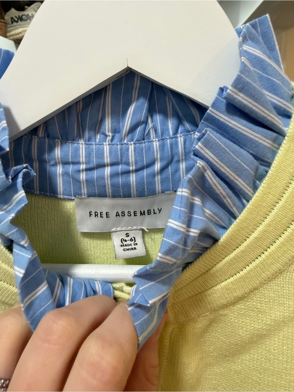 Free Assembly Yellow Crewneck Top with Blue Stripe Mock Collar